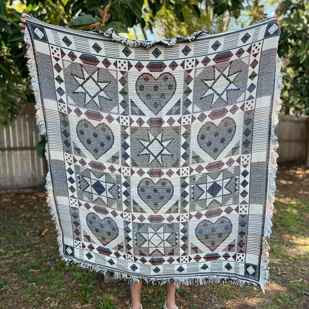 Vintage Woven Folk Art Throw Blanket Heart & Star Quilt Pattern Fringe